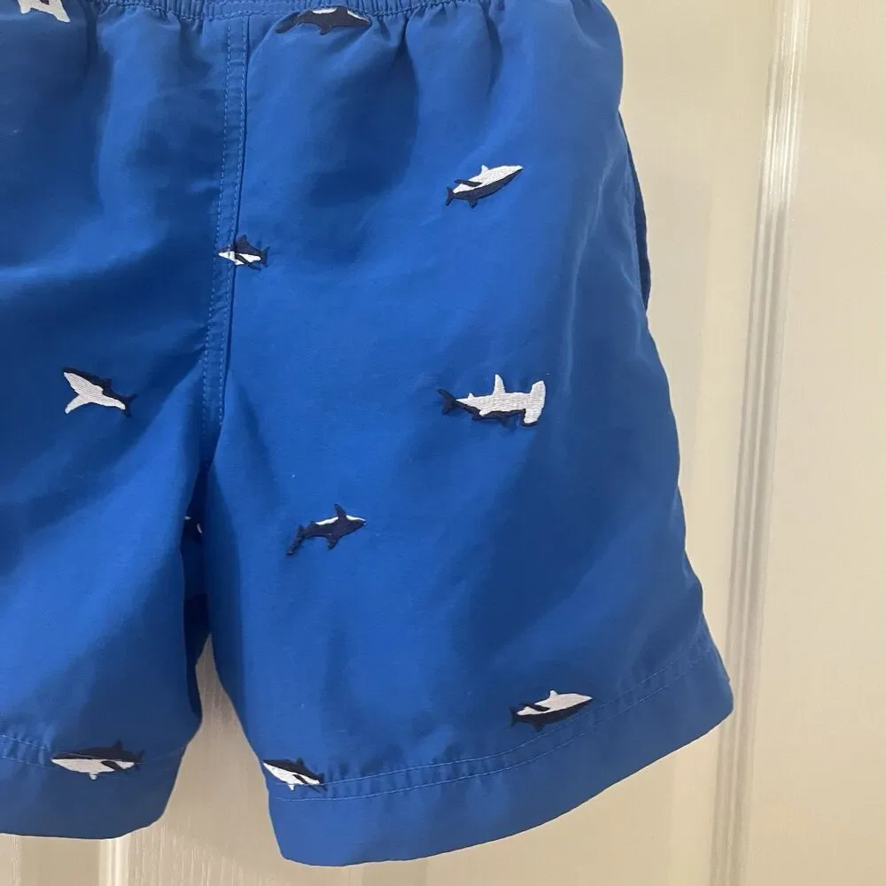 Hanna Andersson Blue Embroidered Sharks Swim Trunks Shorts Boys Size 120 US 6-7